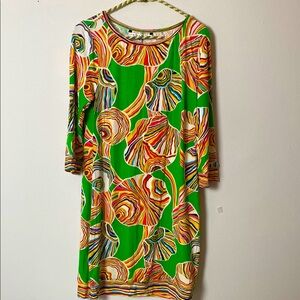 Trina Turk Green and Orange Sheath Dress with Cuffed 3/4 Sleeves